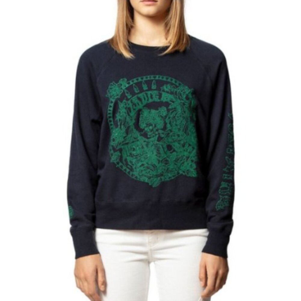 Zadig & Voltaire Graphic Sweatshirt Navy Green Print French Luxury, Women Sz XS